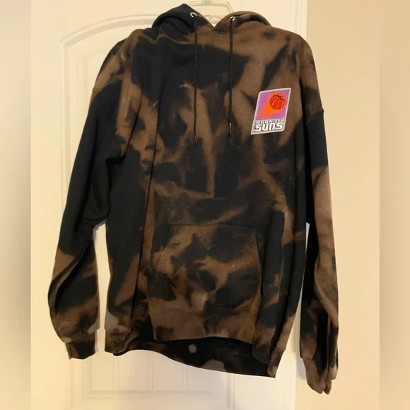 CUSTOM Hanes Men’s EcoSmart Black Bleached Hooded Sweatshirt Retro Suns Patch XL - Picture 2 of 5